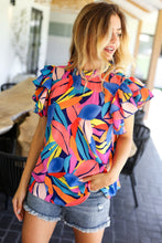 Load image into Gallery viewer, Tropical Vibes Blue &amp; Pink Mock Neck Flutter Sleeve Top
