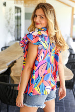 Load image into Gallery viewer, Tropical Vibes Blue &amp; Pink Mock Neck Flutter Sleeve Top
