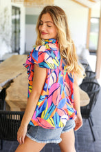 Load image into Gallery viewer, Tropical Vibes Blue &amp; Pink Mock Neck Flutter Sleeve Top
