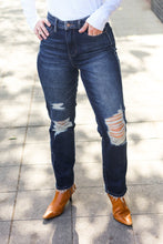 Load image into Gallery viewer, Judy Blue Dark Wash Mid Rise Distressed Straight Leg Jeans
