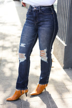 Load image into Gallery viewer, Judy Blue Dark Wash Mid Rise Distressed Straight Leg Jeans
