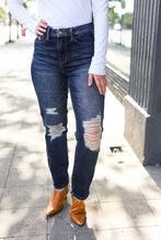 Load image into Gallery viewer, Judy Blue Dark Wash Mid Rise Distressed Straight Leg Jeans
