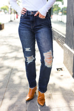 Load image into Gallery viewer, Judy Blue Dark Wash Mid Rise Distressed Straight Leg Jeans
