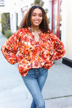 Load image into Gallery viewer, Fall Vibes Rust Floral Print Notched Neck Smocked Satin Top
