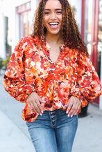 Load image into Gallery viewer, Fall Vibes Rust Floral Print Notched Neck Smocked Satin Top
