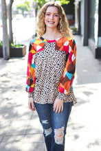 Load image into Gallery viewer, Rust &amp; Khaki Geometric Animal Print Color Block Bubble Sleeve Top
