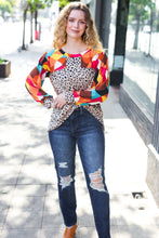 Load image into Gallery viewer, Rust &amp; Khaki Geometric Animal Print Color Block Bubble Sleeve Top
