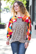 Load image into Gallery viewer, Rust &amp; Khaki Geometric Animal Print Color Block Bubble Sleeve Top
