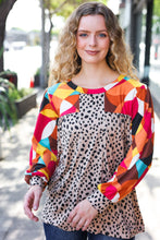 Load image into Gallery viewer, Rust &amp; Khaki Geometric Animal Print Color Block Bubble Sleeve Top
