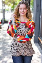 Load image into Gallery viewer, Rust &amp; Khaki Geometric Animal Print Color Block Bubble Sleeve Top
