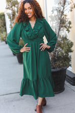 Load image into Gallery viewer, Beautiful You Holiday Green Overlap Ruffle V Neck Midi Dress
