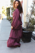 Load image into Gallery viewer, Holiday Vibes Wine Satin Front Overlap Smocked Back Maxi Dress
