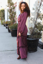 Load image into Gallery viewer, Holiday Vibes Wine Satin Front Overlap Smocked Back Maxi Dress
