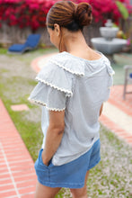 Load image into Gallery viewer, Lovely In Gray Stripe Tiered Ruffle Sleeve Ric Rac Trim Top
