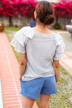 Load image into Gallery viewer, Lovely In Gray Stripe Tiered Ruffle Sleeve Ric Rac Trim Top
