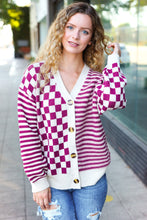 Load image into Gallery viewer, Cozy Days Magenta Checkered &amp; Striped Button-Down Cardigan
