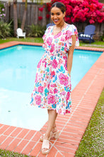 Load image into Gallery viewer, Hello Beautiful Ivory &amp; Fuchsia Floral Sequin Smock Waist Midi Dress
