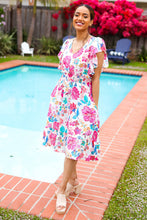 Load image into Gallery viewer, Hello Beautiful Ivory &amp; Fuchsia Floral Sequin Smock Waist Midi Dress
