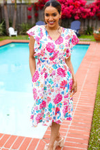 Load image into Gallery viewer, Hello Beautiful Ivory &amp; Fuchsia Floral Sequin Smock Waist Midi Dress
