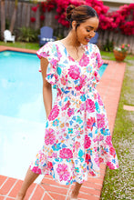 Load image into Gallery viewer, Hello Beautiful Ivory &amp; Fuchsia Floral Sequin Smock Waist Midi Dress
