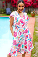 Load image into Gallery viewer, Hello Beautiful Ivory &amp; Fuchsia Floral Sequin Smock Waist Midi Dress
