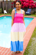 Load image into Gallery viewer, Vacay Vibes Hot Pink &amp; Blue Smocked Color Block Maxi Dress
