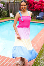 Load image into Gallery viewer, Vacay Vibes Hot Pink &amp; Blue Smocked Color Block Maxi Dress
