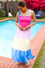 Load image into Gallery viewer, Vacay Vibes Hot Pink &amp; Blue Smocked Color Block Maxi Dress
