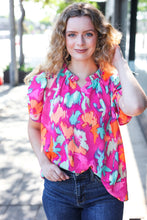 Load image into Gallery viewer, Summer Vibes Fuchsia Abstract Print Frill Notch Neck Puff Sleeve Top
