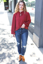 Load image into Gallery viewer, Feeling Femme Off Burgundy Frilled Edge V Neck Tie Top
