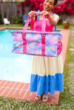 Load image into Gallery viewer, Pink &amp; Blue Tropical Print Collapsible Canvas Strap Tote
