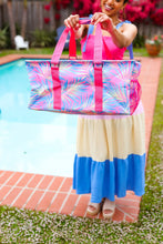 Load image into Gallery viewer, Pink &amp; Blue Tropical Print Collapsible Canvas Strap Tote
