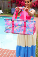 Load image into Gallery viewer, Pink &amp; Blue Tropical Print Collapsible Canvas Strap Tote
