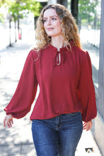 Load image into Gallery viewer, Feeling Femme Off Burgundy Frilled Edge V Neck Tie Top
