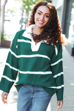 Load image into Gallery viewer, Fall For You Hunter Green Stripe Notched Neck Collared Oversized Sweater
