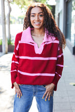 Load image into Gallery viewer, Fall For You Crimson Stripe Notched Neck Collared Oversized Sweater
