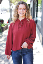 Load image into Gallery viewer, Feeling Femme Off Burgundy Frilled Edge V Neck Tie Top
