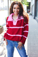 Load image into Gallery viewer, Fall For You Crimson Stripe Notched Neck Collared Oversized Sweater
