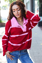 Load image into Gallery viewer, Fall For You Crimson Stripe Notched Neck Collared Oversized Sweater
