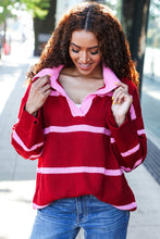 Load image into Gallery viewer, Fall For You Crimson Stripe Notched Neck Collared Oversized Sweater
