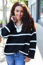 Load image into Gallery viewer, Fall For You Black Stripe Notched Neck Collared Oversized Sweater
