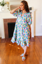 Load image into Gallery viewer, Can&#39;t Say No Mint &amp; Fuchsia Floral Notch Neck Bubble Sleeve Dress
