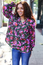 Load image into Gallery viewer, Eyes On You Forest Green Floral Smocked Bubble Sleeve V Neck Top
