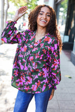 Load image into Gallery viewer, Eyes On You Forest Green Floral Smocked Bubble Sleeve V Neck Top
