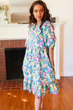 Load image into Gallery viewer, Can&#39;t Say No Mint &amp; Fuchsia Floral Notch Neck Bubble Sleeve Dress
