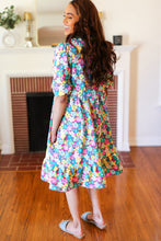 Load image into Gallery viewer, Can&#39;t Say No Mint &amp; Fuchsia Floral Notch Neck Bubble Sleeve Dress
