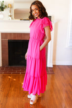 Load image into Gallery viewer, Perfectly You Hot Pink Mock Neck Tiered Chiffon Maxi Dress
