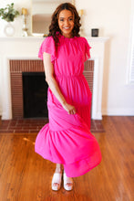 Load image into Gallery viewer, Perfectly You Hot Pink Mock Neck Tiered Chiffon Maxi Dress
