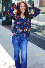 Load image into Gallery viewer, Lovely In Navy Floral Print Smocked Bubble Sleeve Woven Top
