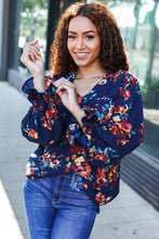 Load image into Gallery viewer, Lovely In Navy Floral Print Smocked Bubble Sleeve Woven Top
